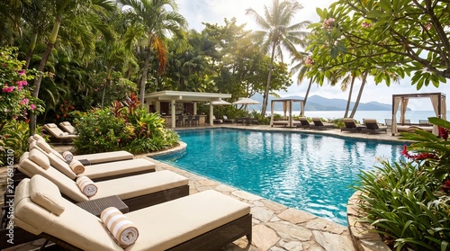 Luxury Tropical Resort Poolside with Ocean View and Palm Trees.