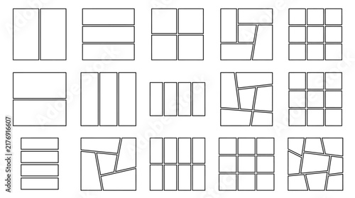 Comic book storyboard template, blank manga panel layout, minimalist graphic novel grid vector, white storytelling frames