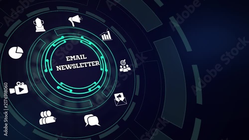 Automating direct email newsletter distribution workflows with an interactive envelope icon HUD panel layout