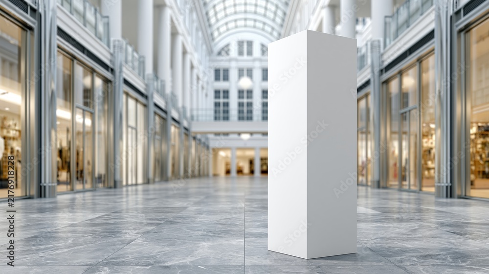 Obraz premium Empty white display pedestal stands in modern shopping