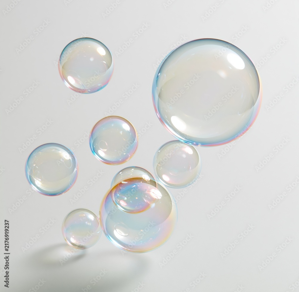 Obraz premium colorful soap bubbles floating on white background
