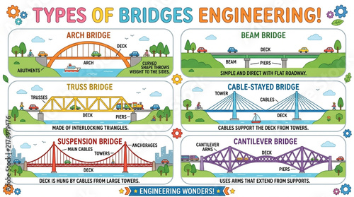 Infographic of Different Types of Bridges Engineering with Detailed Labels and Descriptions