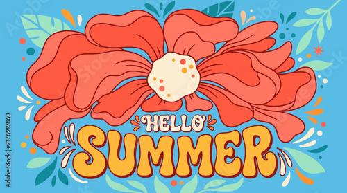 Bright and Colorful Hello Summer Vector Illustration with a Large Red Flower and Playful Typography