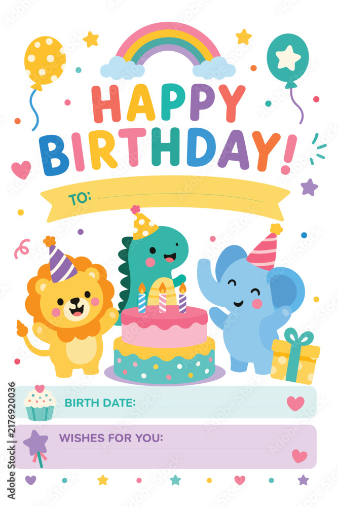 Fototapeta premium Vector Illustration of Birthday Greeting Card With Cute Animals and Cake