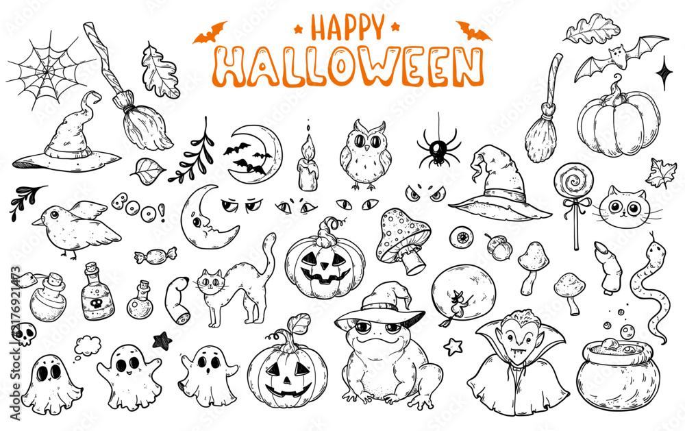 Obraz premium Happy Halloween vector icon set. Naive line art elements with pumpkin, ghost, witch hat and vampire on white background