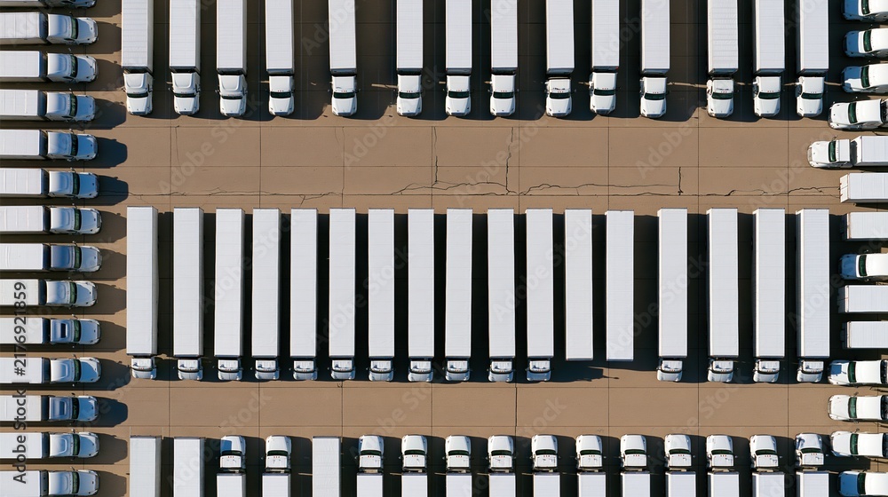 Obraz premium Aerial view of rows parked semi trucks at