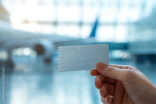 Hand holding a blank ticket in front of an airplane at the airport.