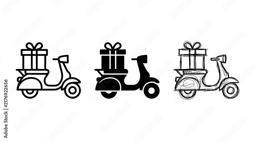 Naklejka premium Delivery Scooter with Gift Box in Different Styles Vector Set