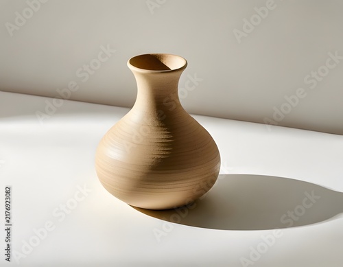 Textured beige ceramic vase with sunlight shadow on white background