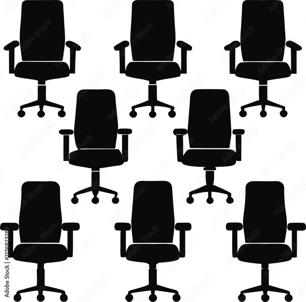 Obraz premium A collection of nine black silhouette of office chairs with wheels arranged in a grid on a white background
