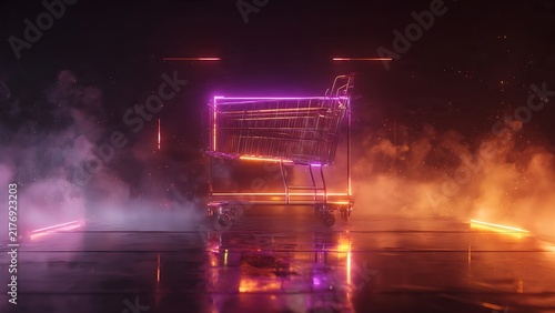 Shopping cart with purple and pink neon lighting in smoky dark room