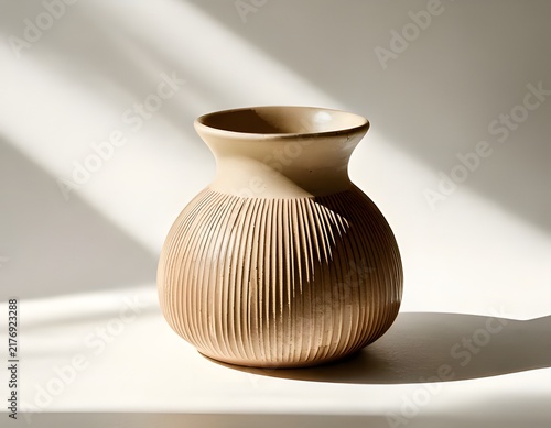 Textured beige ceramic vase with sunlight shadow on white background