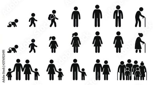 Human Life Cycle and Family Structure Icons Set - From Baby to Senior Citizen Stick Figures for Male and Female
