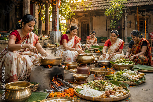 Traditional Bengali Courtyard Cooking Ritual with Women Preparing Festive Food
