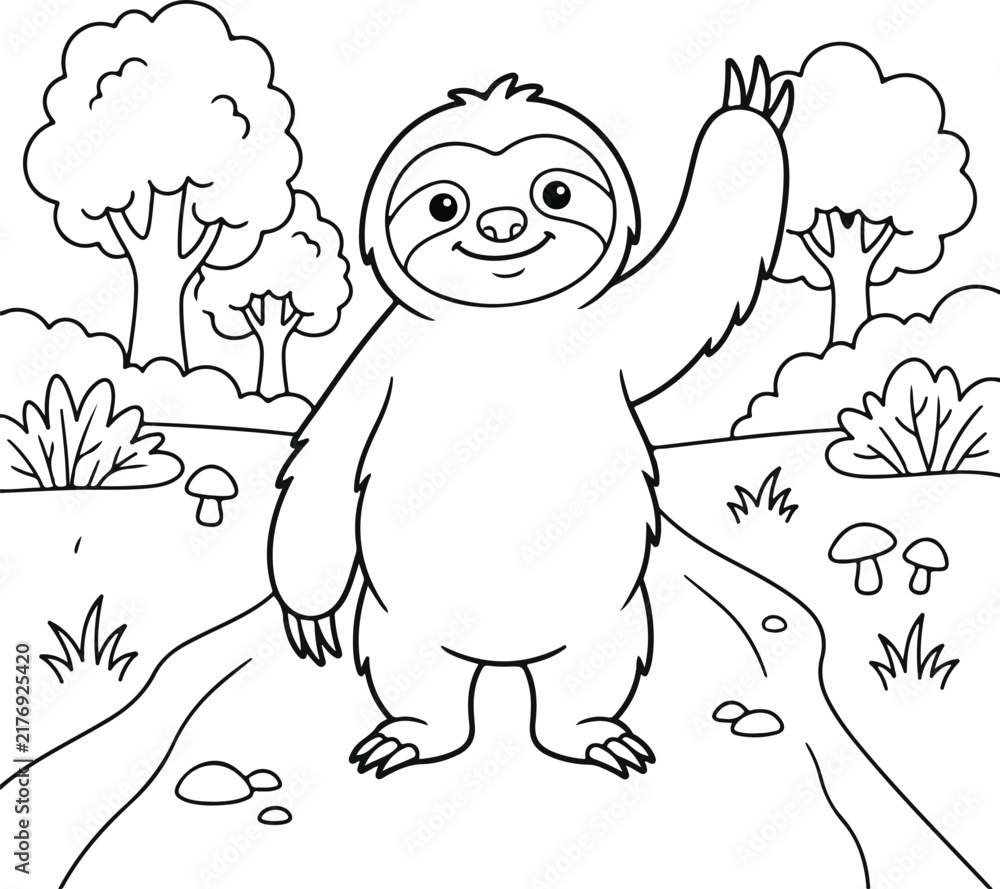 Fototapeta premium Cute sloth waving hello in the forest, coloring page for kids