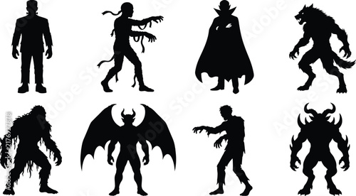Classic horror monster silhouettes featuring Frankenstein, mummy, vampire, werewolf, zombie, demon, and mythical creatures for spooky Halloween vector illustration design