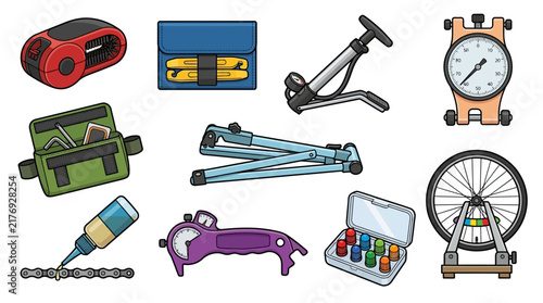 Bicycle repair tool set, 10 cycling maintenance icons, bike service equipment