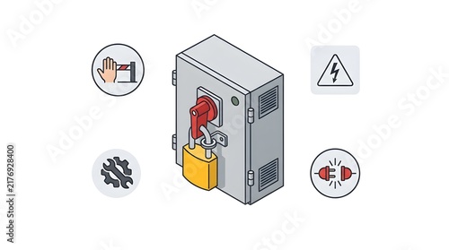 Lockout Tagout Electrical Safety Procedure Illustration Showing Industrial Energy Isolation Device with LOTO Padlock and Warning Icons