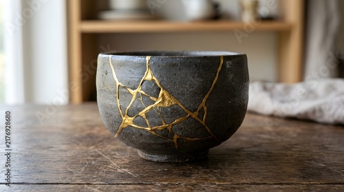 Japanese kintsugi bowl, a testament to beauty in imperfection and repair
