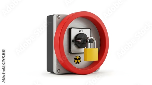 Industrial electrical safety switch with padlock and radiation warning symbol for secure lockout tagout procedures in hazardous environments