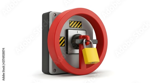 Secured and locked emergency stop button, danger prevention and safety concept