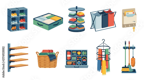 Home organization icons, 10 storage solutions, closet and laundry vector set