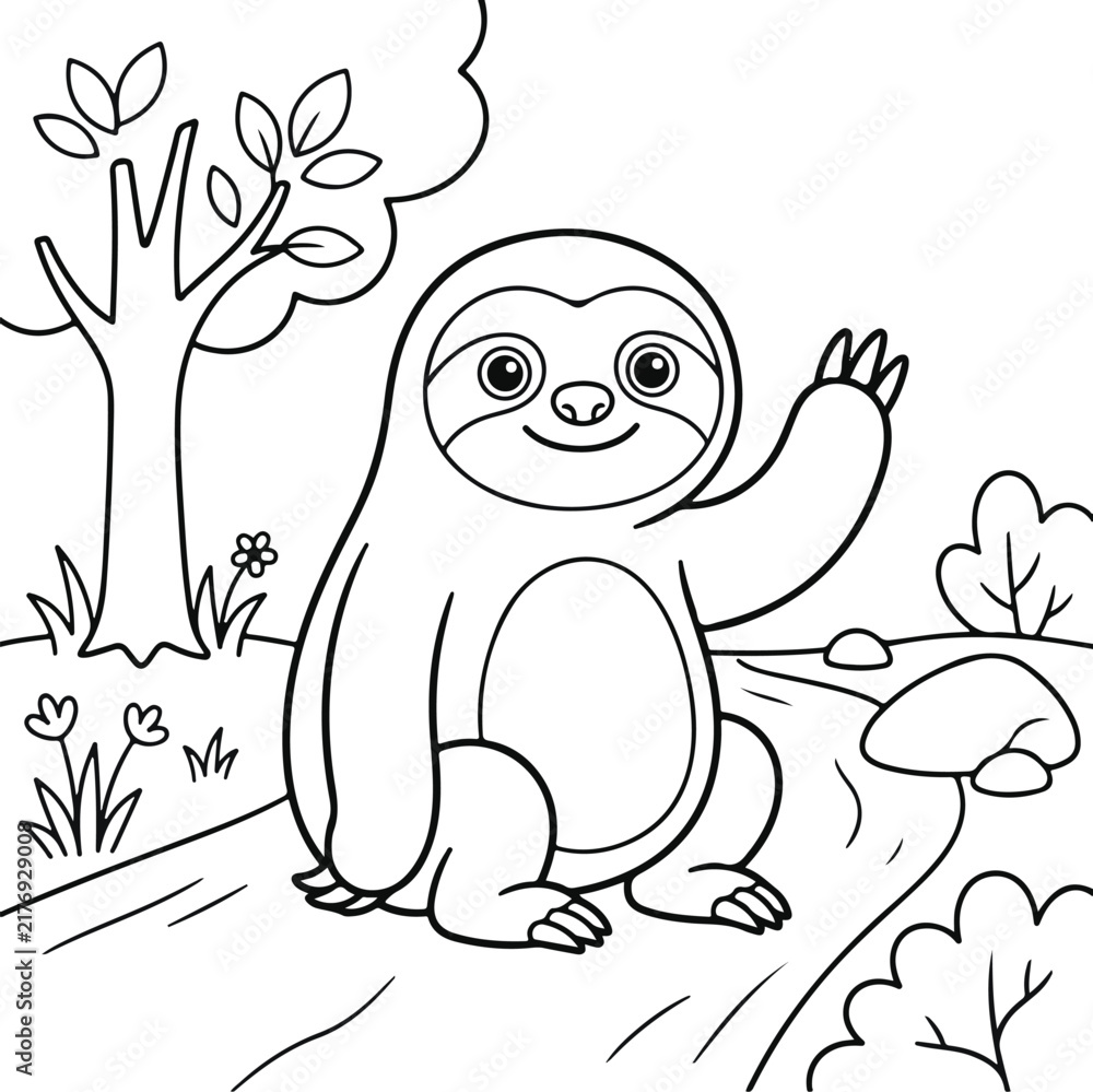 Fototapeta premium Cute cartoon sloth waving hello in the forest, black and white coloring page for kids