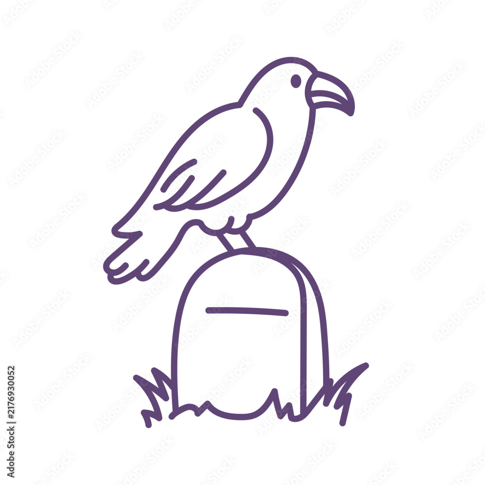 Obraz premium Crow on tombstone. Doodle illustration of crow in cemetery. Halloween, horror, cemetery and dark fantasy designs.