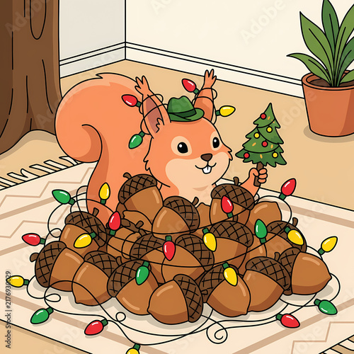 Cute squirrel wearing a hat tangled in Christmas lights and acorns