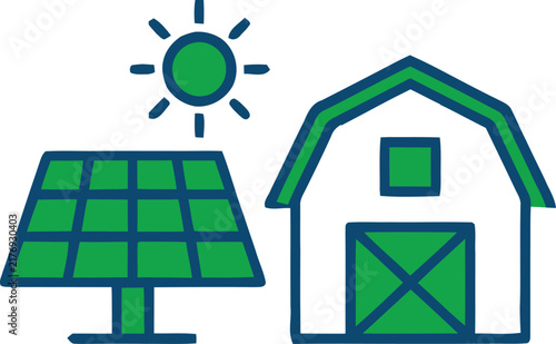 Solar Panel and Farm Barn Icon ,Renewable Energy Green Line Icon with Sun, Rural Solar Power Vector Illustration for Agriculture and Clean Energy.