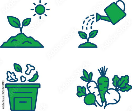Gardening and Growing Line Icon Set, Seedling, Watering, Compost and Harvest Vector Illustrations for Eco and Organic Design.