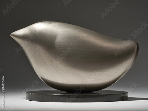 Abstract brushed metallic bird sculpture on black pedestal modern 3D render