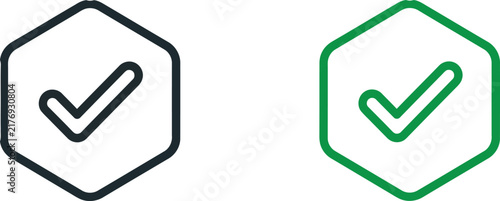 Checkmark Hexagon Badge Icon Set  Verified, Approved and Success Line Icons in Green and Black Vector Design.