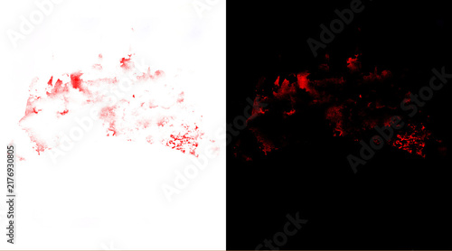 Abstract red blood splatter texture, realistic crimson liquid spray on white and black background, horror and medical design elements