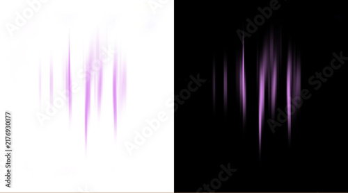 Abstract purple light streaks on black and white backgrounds, glowing vertical motion lines, ethereal violet energy rays for digital overlays