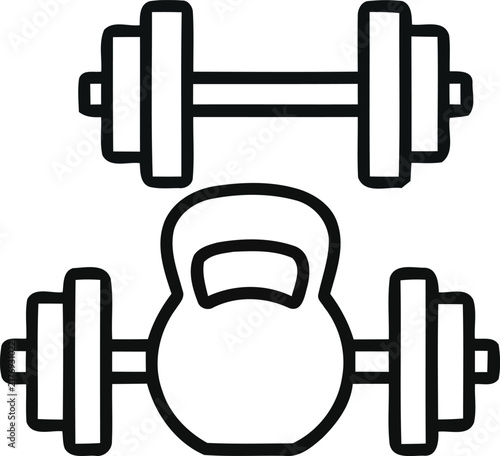 Gym Equipment Line Icon , Dumbbell and Kettlebell Outline Set, Fitness Weightlifting Vector Illustration for Workout and Bodybuilding Design.