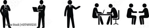 Business People Silhouette Icon Set ,Office Workers, Meeting, Handshake and Teamwork Black Vector Illustrations for Corporate and Workplace Design.