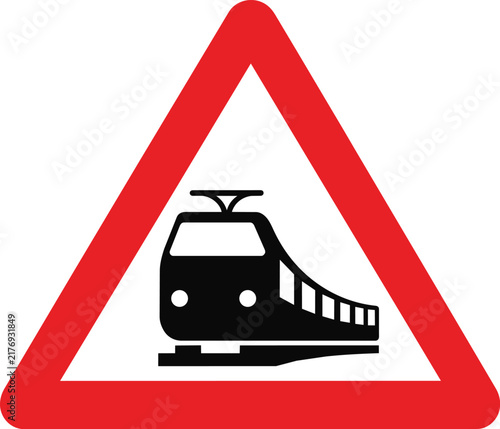 Red triangular warning sign with a black train icon indicating a railway crossing ahead isolated vector illustration for traffic safety concepts