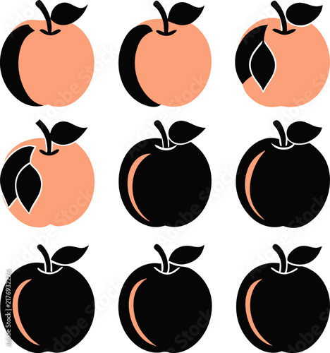 A grid of nine apple featuring a mix of orange and black colors with stylized leaves, isolated on a plain white background