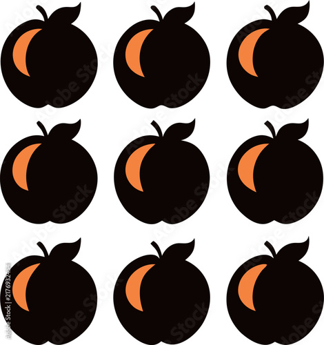 A grid of nine black apple with small orange highlights on the side, isolated on a plain white background for