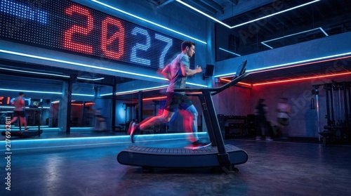 Cardio Workout on Treadmill under Glowing Neon 2027 Sign in Modern Gym