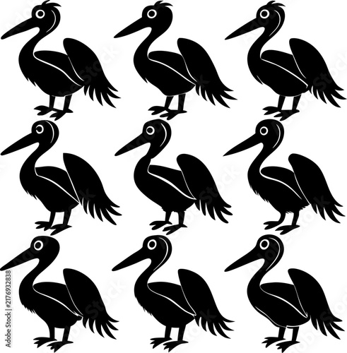 A grid of nine black pelican silhouettes in identical poses, isolated on a plain white background, for use