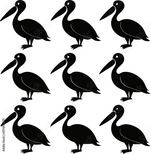 A grid pattern of nine identical black pelican silhouettes arranged in three rows on a clean white background