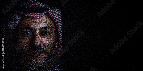 Digital ID Portrait of Middle Eastern Man with Face made up of Numbers and Symbols. Data sovereignty Concept with copy-space.