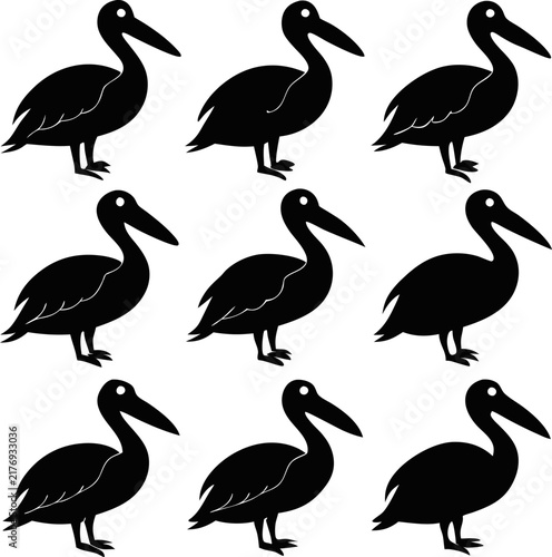 Nine identical black pelican silhouettes arranged in a three by three grid pattern, isolated on a plain white background