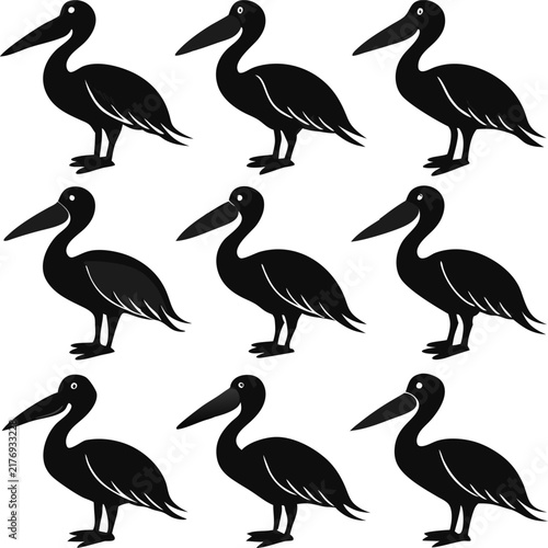 A repeating pattern of nine black pelican silhouettes arranged in a grid formation on a solid white background