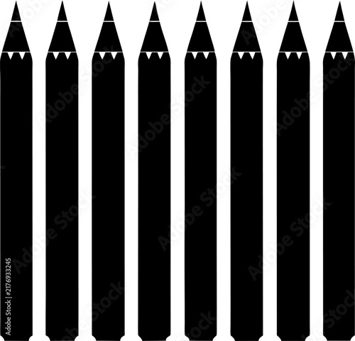 Eight identical black pencil silhouettes arranged in a vertical row, isolated on a plain white background