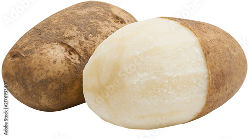 Whole brown potato and one peeled half potato showing white starchy flesh
