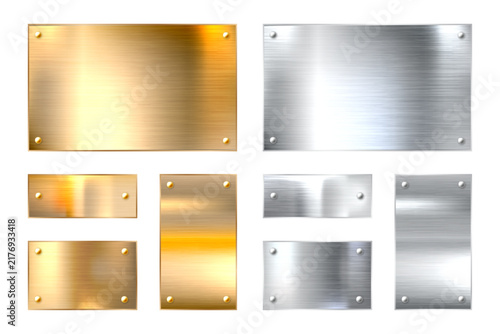 Realistic shiny metal banners set, textured brushed steel, polished copper surfaces, and chrome frames. Industrial plates include secure bolts, rivets, and screws. Vector illustration.