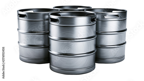 Obraz na płótnie Group of four brushed stainless steel beer kegs with circular handles